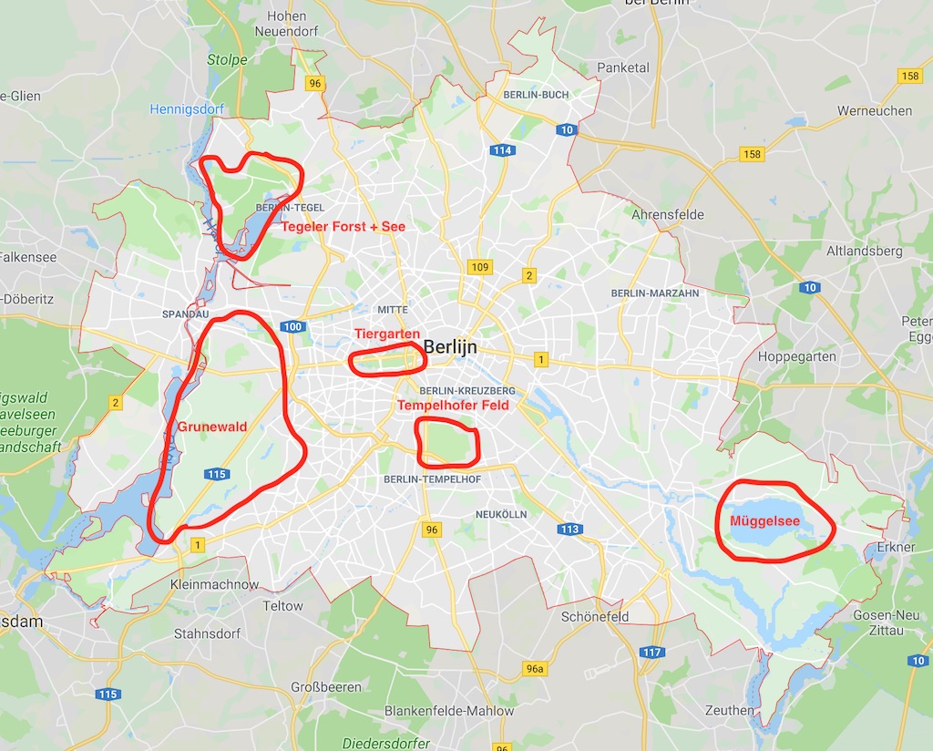 "Berlijn en mijn favoriete stukken natuur. Kaartgegevens, copyright GeoBasis-DE/BKG, Google"